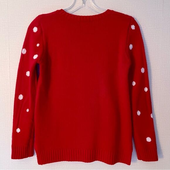 Penguin Plush Appliqué Crewneck Girl’s Red Christmas Sweater, White Polk… - Picture 2 of 10
